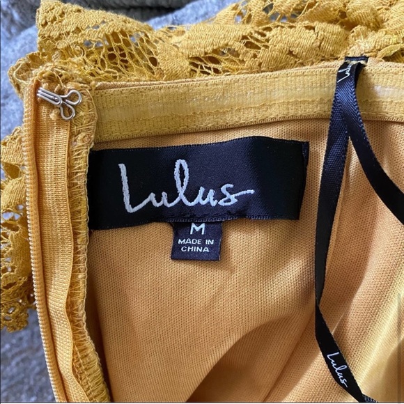 Lulu’s Jaclyn Golden Yellow Mustard lace Off-the-shoulder midi dress - Picture 2 of 7